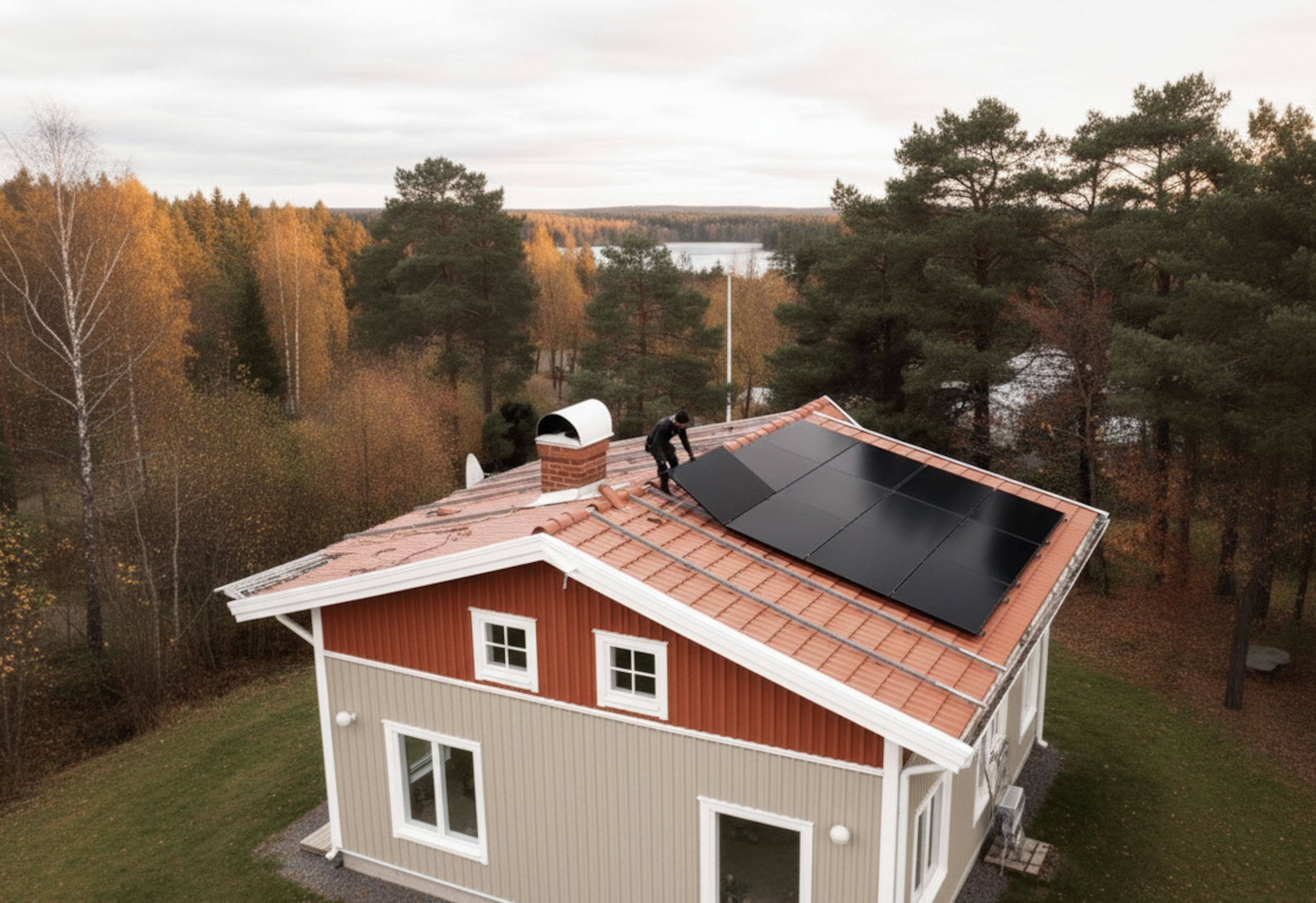 Certifierad installatör från Elea Energi monterar solpanel på ett tak i Västra Götaland